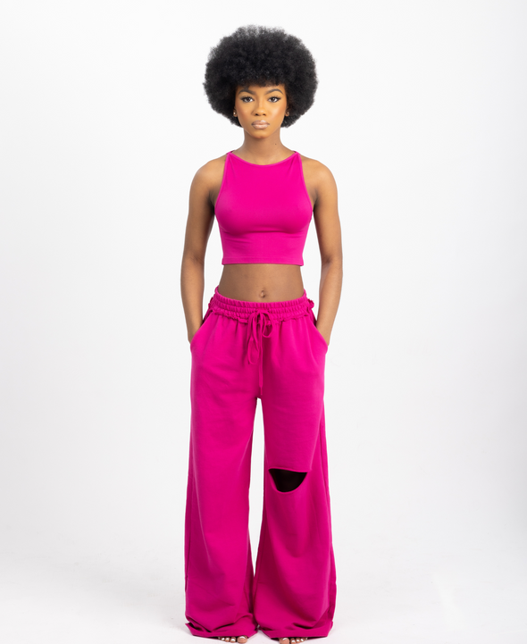 Distressed Wide Leg Joggers Magenta Truly Bonded